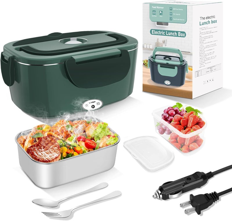 HOLDRUBY Electric Heated Lunch Boxes Adults: 80W Electric Lunch Box Food Heated 12/24/110V 1.5L Heatable Lunch Box for Car/Truck/Office Leak-Proof Stainless Steel Container,Fork & Spoon,Bag (Dark Green) - Image 1